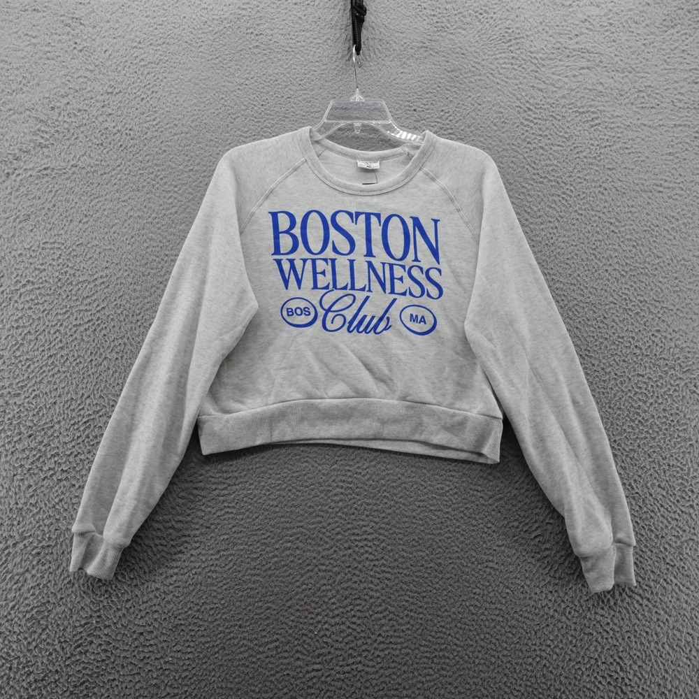 Where I'm From Boston Wellness Club Cropped Sweatshirt Grey Blue Large NEW